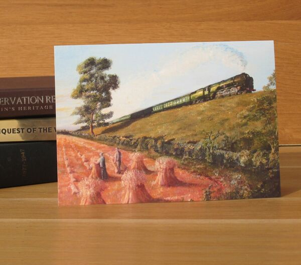 ‘Late Workers’ - Rebuilt SR Merchant Navy Class, 35008 ‘Orient Line’, near Medstead. (R7) Painting of a Merchant Navy Loco passing farm workers stooking corn