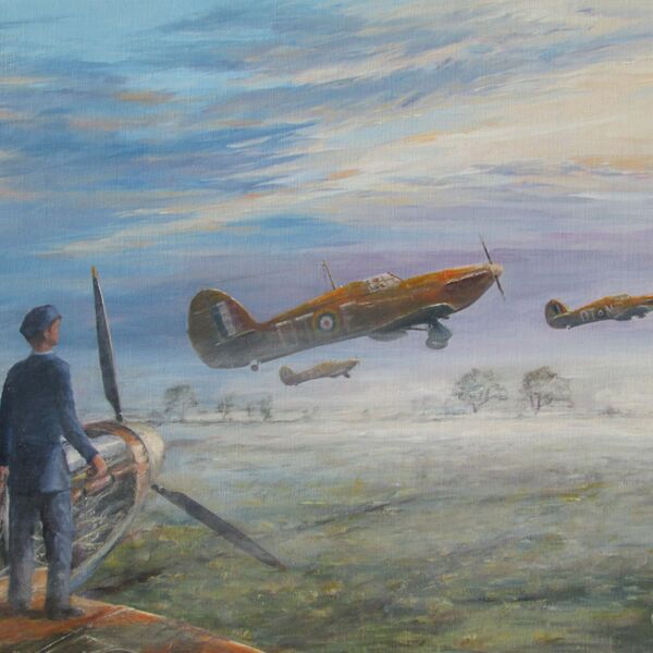 'Long Day Ahead' - Hurricanes of Sgt. Alexander George Girdwood, and F/Lt. Hugh Richard Aden Beresford of No. 257 Squadron Hurricanes of 257 Squadron take off Martlesham Heath