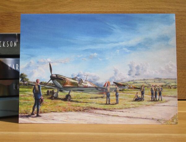 'Of Bravery in Summer Skies' Spitfire of Sq/L. H. Cornwall, 508 Squadron, S.E. England 1940. (From the historical fiction novel ‘Harry’s Game- Hell’s Corner’, by Karl Jackson) (AV17) Painting of a female pilot approaching her Spitfire.