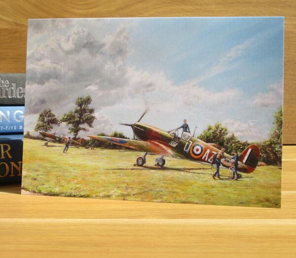 "234 Squadron Scramble" - Spitfires of F/Lt. P.C. Hughes and P/O. R.F.T. Doe, 234 Squadron, Middle Wallop,1940, (AV9) Painting of pilots running to their Spitfires.