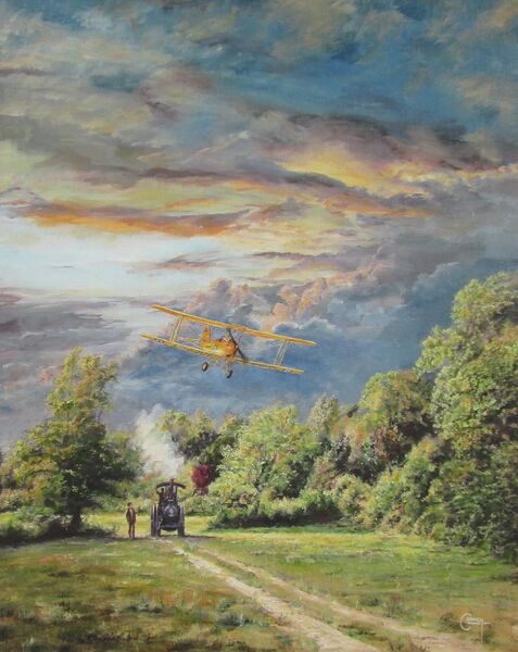 Painting of a Tiger Moth aircraft flying low over an Aveling and Porter Traction engine at sunset in a field with trees in background.
