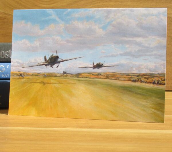 "One Squadron Scramble" - Hurricanes of No. 1 Squadron, Sq/L. D.A. Pemberton, Northolt, Middlesex, 1940. (AV6) Painting of Hurricane aircraft taking off.