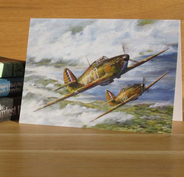 'The Polish Defence' - Hurricanes of F/O S. Witorzenc and P/O P. Zenker, 501 Squadron, Thames Estuary, 1940. (AV4) Painting of two Hurricanes climbing over the Thames Estuary.