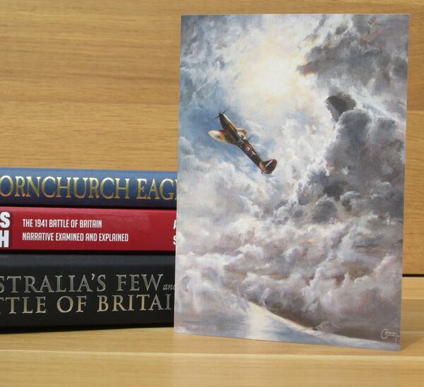 'Suddenly Alone'- Spitfire of F/Lt. D. G. Gribble, 54 Squadron, 1940. (AV21) Spitfire flies up through clouds in front of the sun