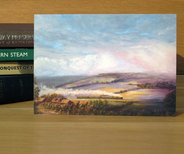 ‘Ascent Over, Evening Rain Ahead’ - Landscape with SR V Schools Class near Hackhurstt (R6) Painting of a Schools class locomotive climbing through the landscape of the North Downs
