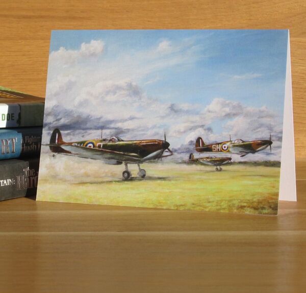 '64 Squadron Scramble!' - Spitfires of 64 Squadron led by S/Ldr. A.R.D. MacDonnell, Kenley, 1940. (AV1) Painting of 3 Spitfires taking off.