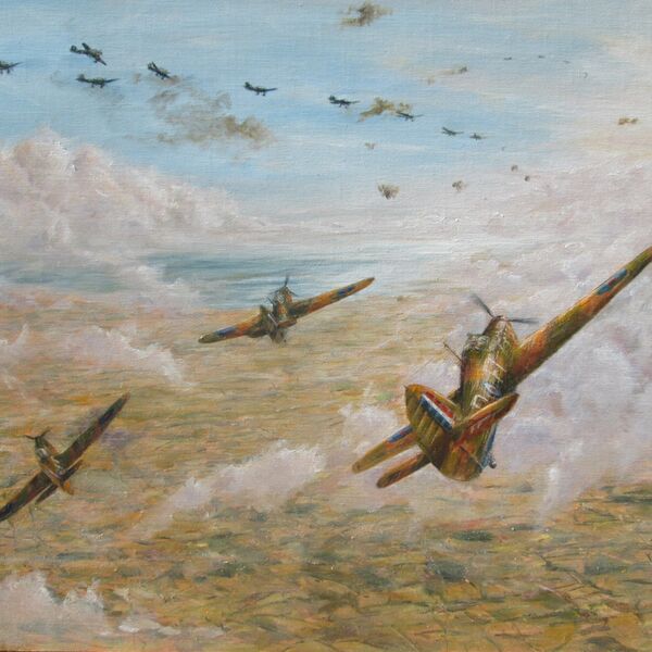 ‘The Fighting Cocks Attack’- Hurricanes of No. 43 Squadron Hurricanes of 43 Squadron attack Stukas over Thorney Island