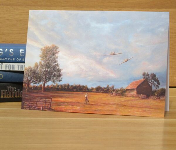 'Hurricanes low' - Hurricanes returning to their base, 18th August, 1940. (AV20) Hurricanes fly low over a farmworker, barn and trees at sunset