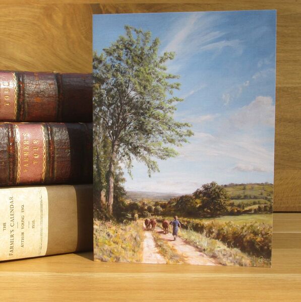 'On Talley Road' - Talley, Carmarthenshire. (L9) Painting of springtime view down a valley with woman herding cattle down a lane.