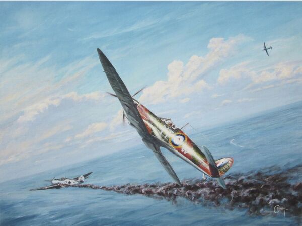 Painting with Paddy Finucane's Spitfire banking during dogfight over sea