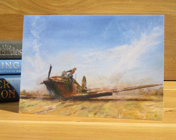 "Never Got Out so Quickly" -Hurricane of F/Sgt. A.H.D. Pond, 601 Squadron, Tangmere, 1940. (AV11) Painting of a pilot exiting his Spitfire after a forced landing.