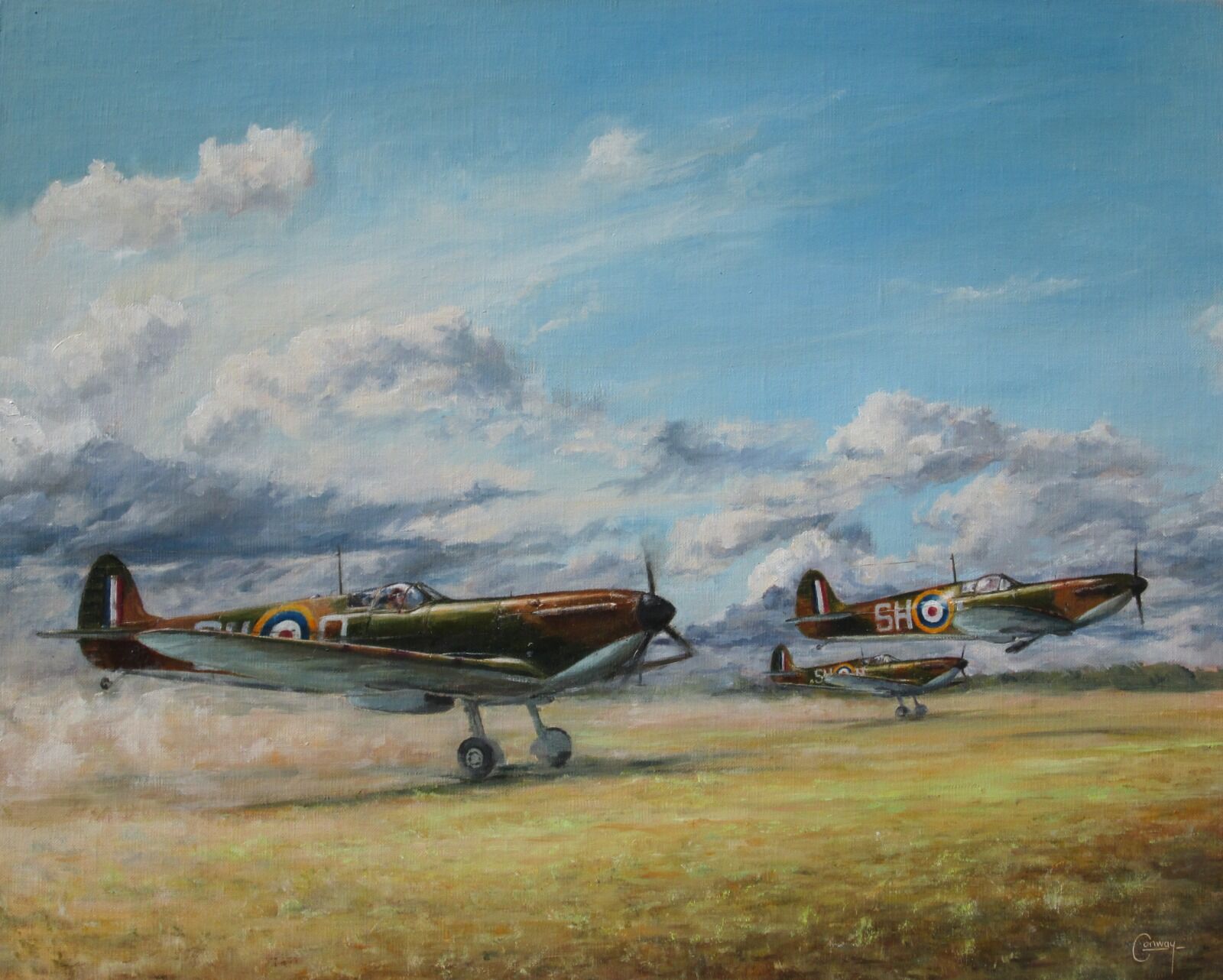 A.R. D. MacDonnell's Spitfire taking off with two other Spitfires on a dusty airfield at Kenley.