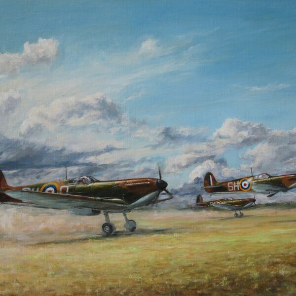 A.R. D. MacDonnell's Spitfire taking off with two other Spitfires on a dusty airfield at Kenley.