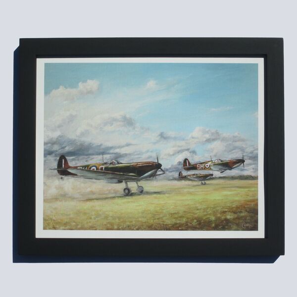 A.R. D. MacDonnell's Spitfire taking off with two other Spitfires on a dusty airfield at Kenley.