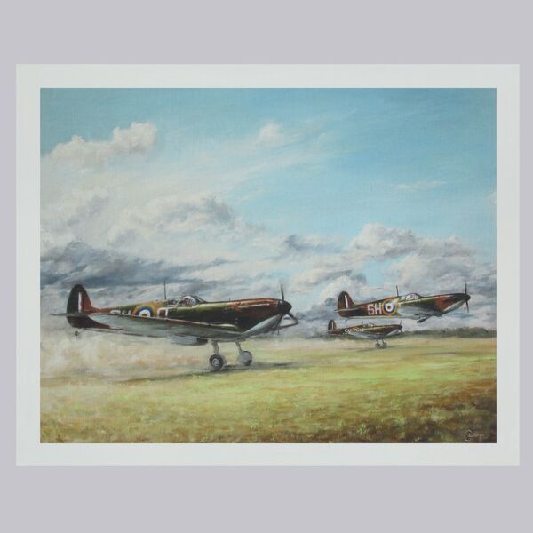 A.R. D. MacDonnell's Spitfire taking off with two other Spitfires on a dusty airfield at Kenley.