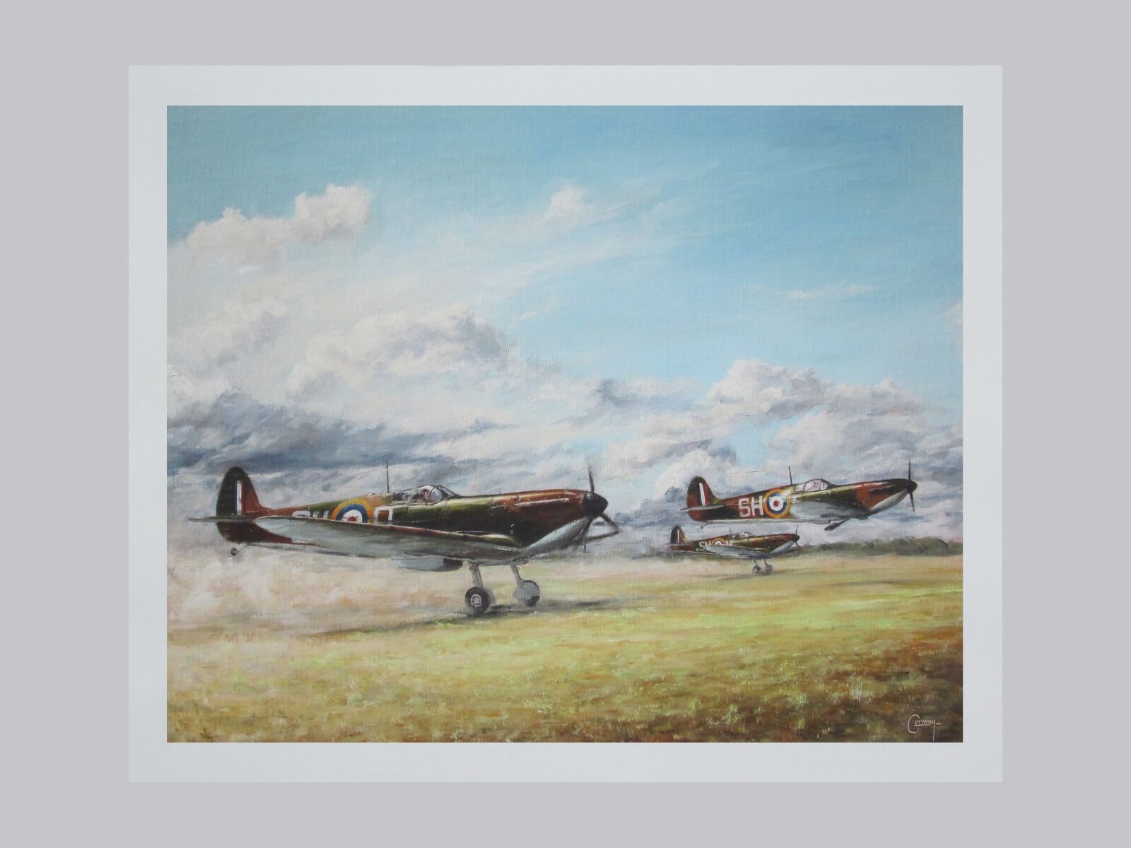 A.R. D. MacDonell's Spitfire taking off with two other Spitfires on a dusty airfield at Kenley.