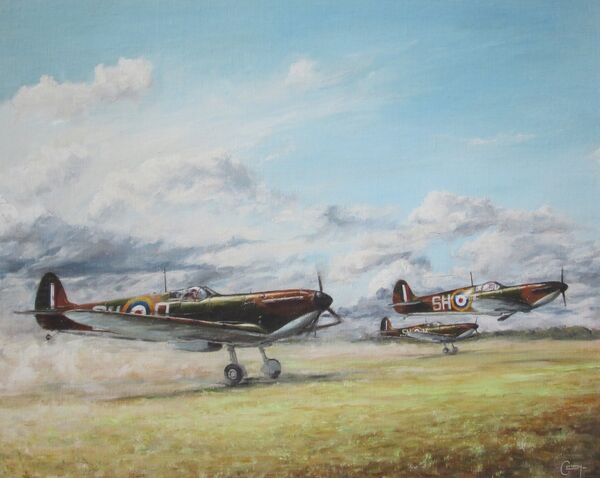 A.R. D. MacDonnell's Spitfire taking off with two other Spitfires on a dusty airfield at Kenley.