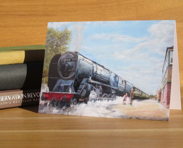 'Grandad and the Nine-eff' -BR Standard 9F 92212 at Alresford (R1) Painting of locomotive departing station watched by grandfather and granchildren.