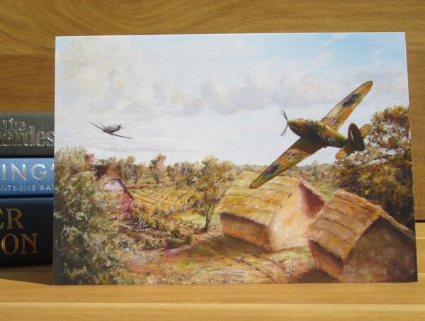 'The Long Chase' - Hurricane of Sq/L. D. A. Pemberton, No. 1 Squadron, Kent, 1940. (AV13) Painting of a Hurricane chasing an Me109 low over the Kent countryside.