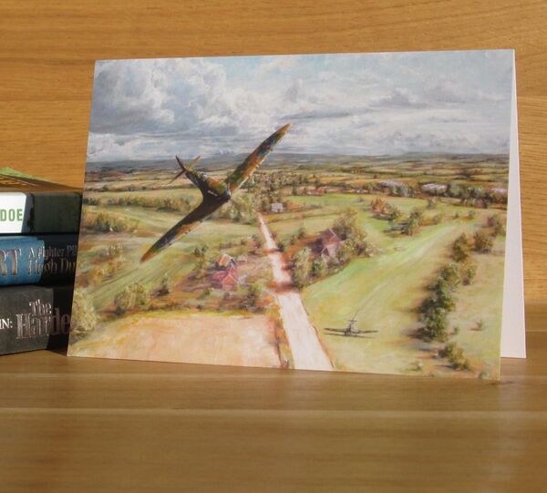 'On the 16th Fairway' - Spitfire of Sgt. B. Whall, 602 Squadron, Angmering, W. Sussex, 1940. (AV3) Painting of single Spitfire over golf course.