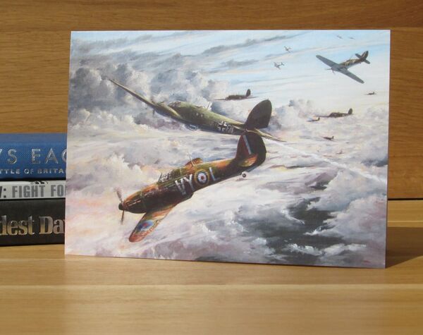 'Evening Fight' - Hurricane of F/Lt. Harry Raymond Hamilton, No. 85 Squadron, 1940. (AV23) Hurricane in dogfight over clouds
