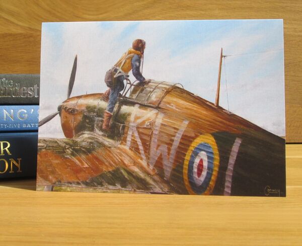 'Scanning the Sky' - Hurricane of 615 Squadron, Kenley, 1940. (AV8) Painting of a pilot climbing into a Hurricane during the Battle of Britain.