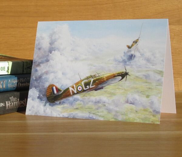 'Two Minutes to Close' - Hurricane of F/Lt. H. a' B. Russell, 32 Squadron, Sussex, 1940. (AV5) Painting of two Hurricanes turning into combat.