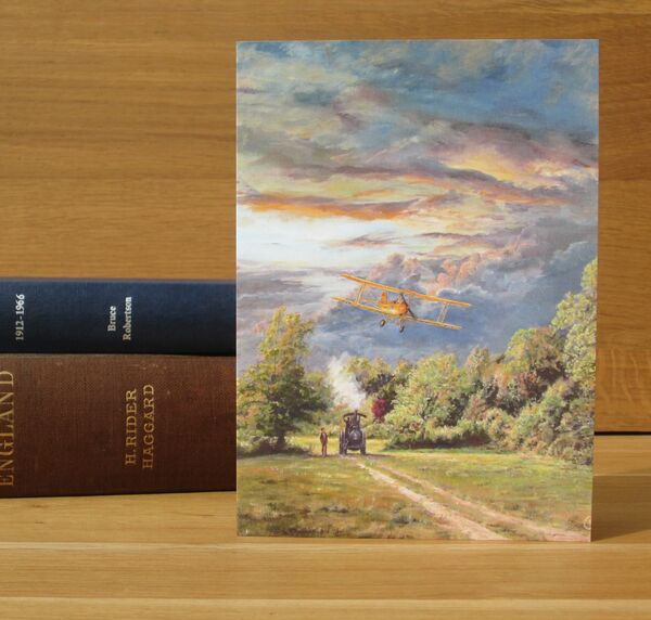 'Days of Innocence' - de Havilland Tiger Moth biplane and Aveling and Porter traction engine, late 1930s.(AV22) A tiger moth aircraft flies low over fields, trees and a traction engine