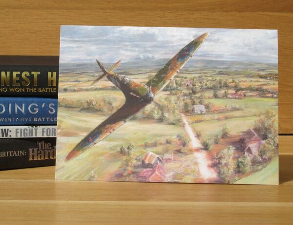 Detail - 'On the 16th Fairway' - Spitfire of Sgt. B. Whall, 602 Squadron, Angmering, W. Sussex, 1940. (AV29) Painting of single Spitfire over golf course.