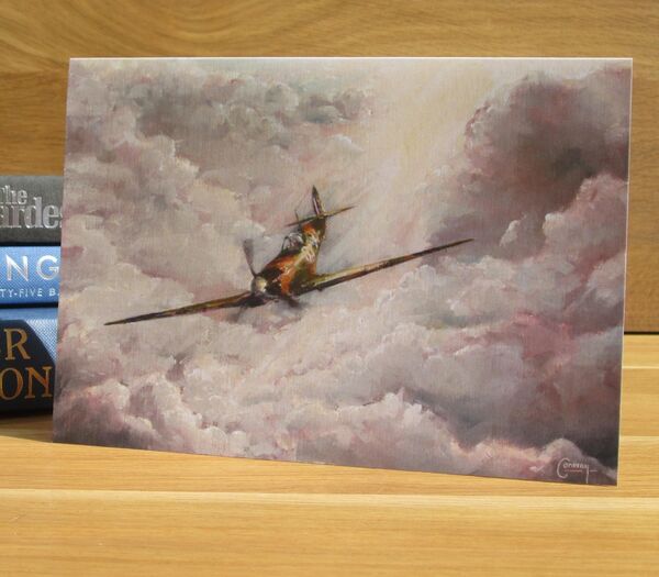 'Fighting Alone' - Spitfire of F/Lt. R.R.S. Tuck, 92 Squadron 1940. (AV7) Painting of Spitfire flying through cloud and sunlight.