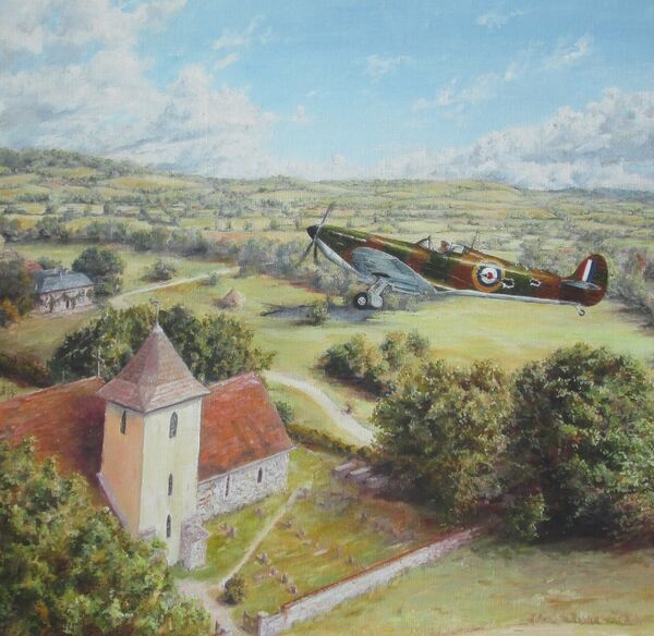 Painting of J. D. Urie's damaged Spitfire, X4110, flying low over Westhampnett church.