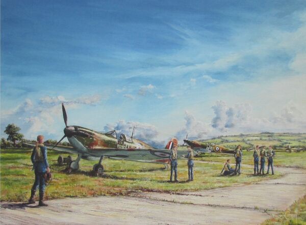 Painting of female pilot Harriet Cornwall walking towards a Spitfire with other pilots and Spitfires in the background, under a blue sky on an airfield.