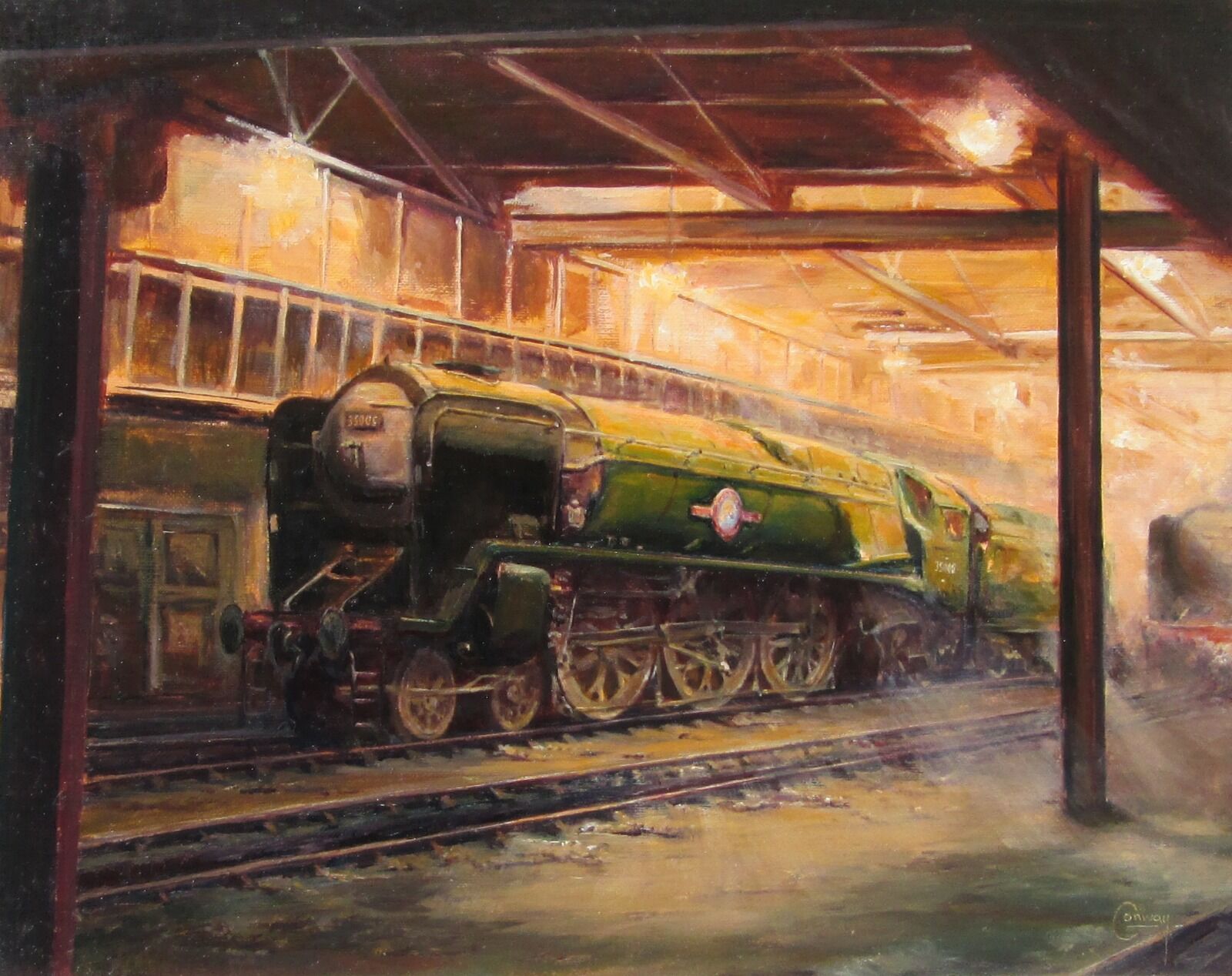 Painting of Merchant Navy Loco 'Canadian Pacific' inside the sheds at Nine Elms.