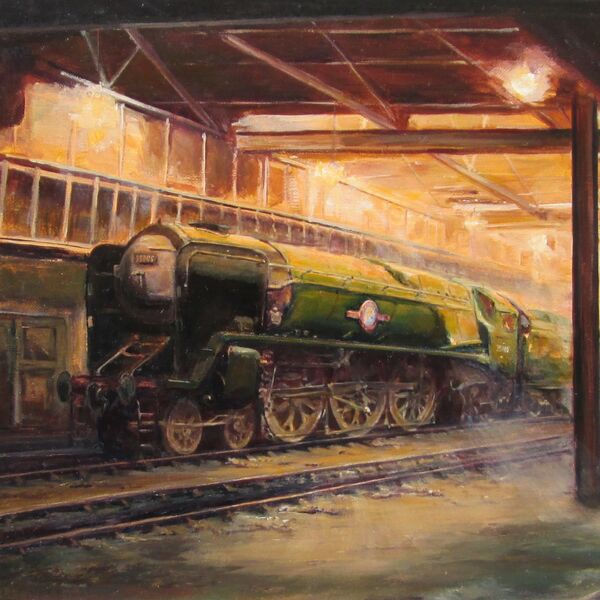 'A Friendly Port' - SR Merchant Navy Class 35005 "Canadian Pacific" at Nine Elms. - Full Size (c.12"x9.5" Image) Open Edition Print. £25.00 (+p&p) Painting of Merchant Navy Loco 'Canadian Pacific' inside the sheds at Nine Elms.