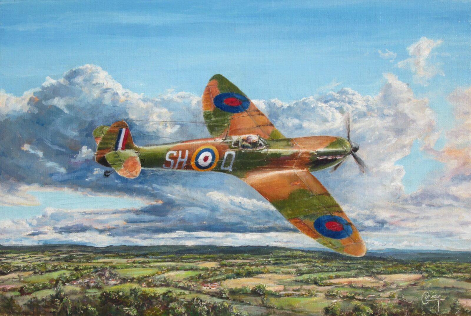 Painting of A. Donahue's Spitfire flying low over the North Downs in Surrey.