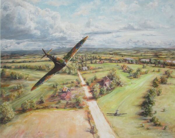 Painting of B. Whall's Spitfire flying over a golf course on which a Stuka Aircraft has landed.