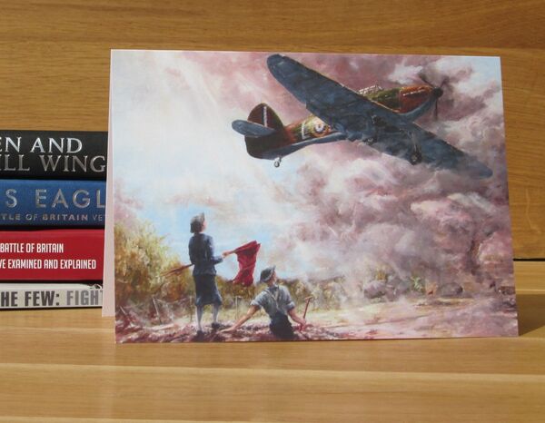 'Red Flags for UXBs' - WAAF Sgt. Joan Elizabeth Mortimer and F/Sgt. Joe Hunt watch Hurricane of P/O.Boleslaw Andrzej Wlasnowolski, No. 32 Squadron Landing. 1940 (AV32) Hurricane landing at Biggin Hill with WAAF and RAF personnel in foreground