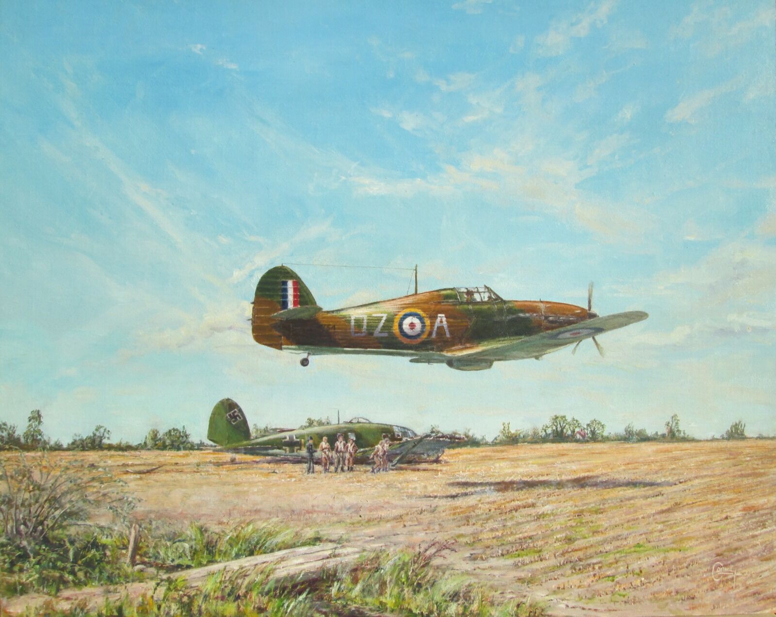 Painting of J. L. W. Ellacombe's Hurricane flying low over a harvested field with a crashed He111 Bomber in it.