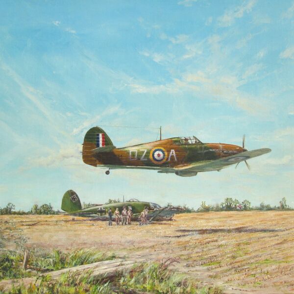 Painting of J. L. W. Ellacombe's Hurricane flying low over a harvested field with a crashed He111 Bomber in it.