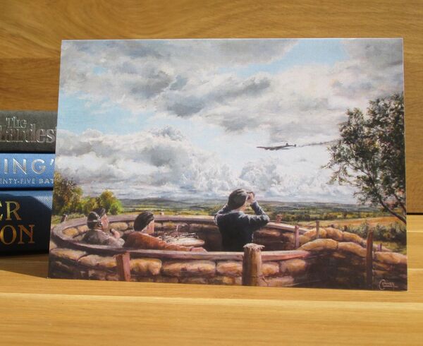 'Observers Corps Post' - Crowborough, 1940. (AV10) Members of the Observers Corps watch a damaged Luftwaffe aircraft flying low over the Weald.