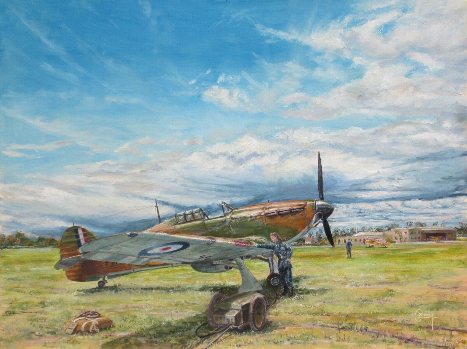 Painting of Diana Barnato Walker walking around her Hurricane aircraft at White Waltham.