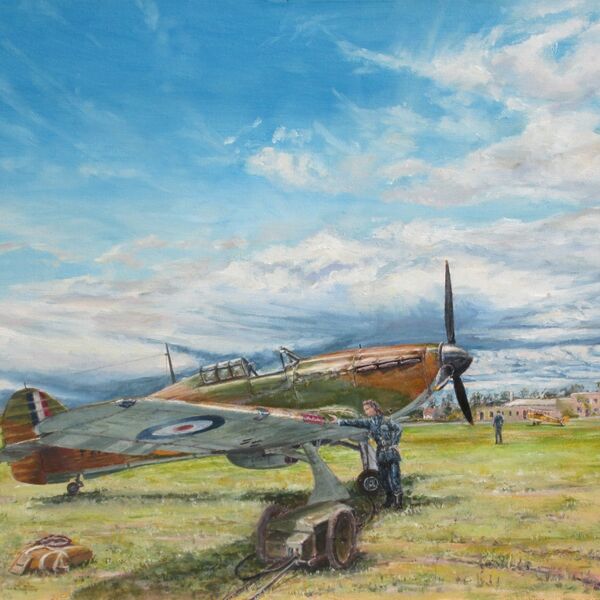 Painting of Diana Barnato Walker walking around her Hurricane aircraft at White Waltham.