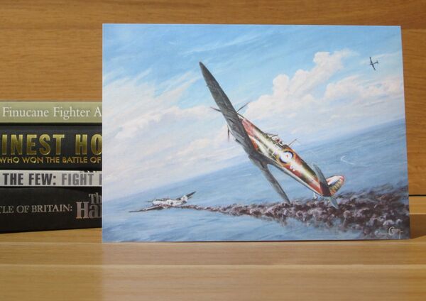 'First Day in Combat' -P.O. B.E.F. Finucane, 65 Squadron, near Margate, 1940. (AV19) Painting of Spitfire in combat over the sea