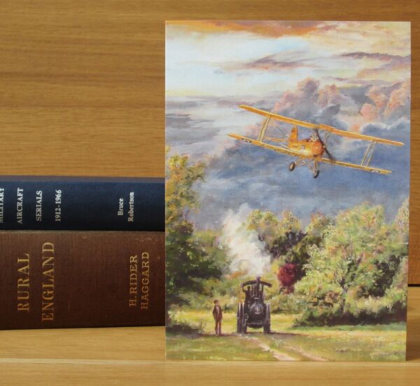 Detail - 'Days of Innocence' - de Havilland Tiger Moth biplane and Aveling and Porter traction engine, late 1930s.(AV28) A tiger moth aircraft flies low over fields, trees and a traction engine