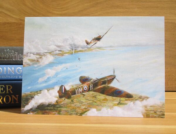 "Maida Squadron...Break!" - Spitfires of 152 Squadron, F/Lt. D. P. A. Boitel-Gill, Isle of Wight, 1940. (AV14) Painting of Spitfires breaking into combat over the Isle of Wight.