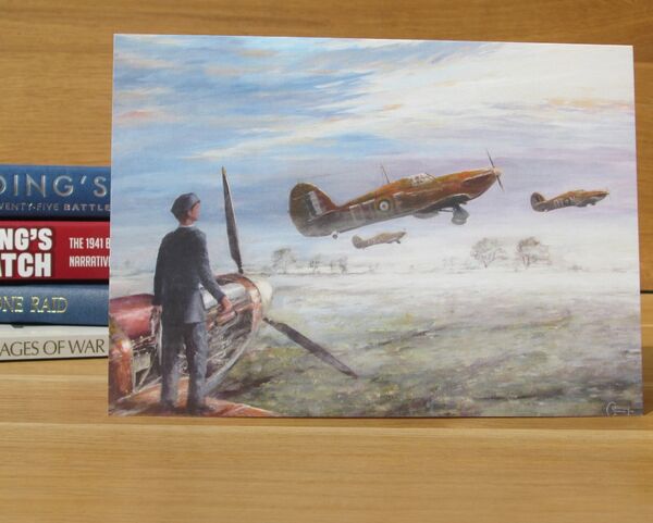 Hurricane of Sgt. A. G. Girdwood 257 Squadron, Martlesham Heath, 1940 (AV33) Hurricanes taking off in mist with RAF personnel in foreground