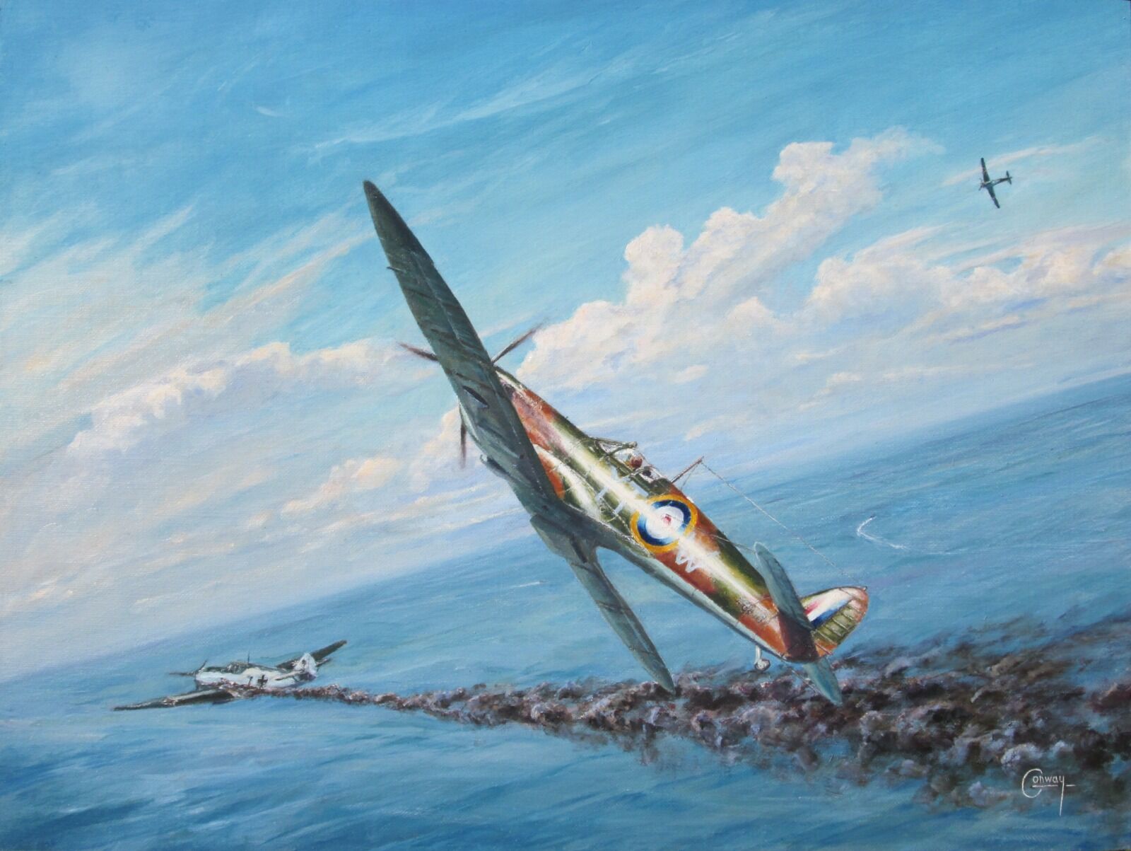 Painting of Paddy Finucane's Spitfire chasing a damaged Me 109 over the sea