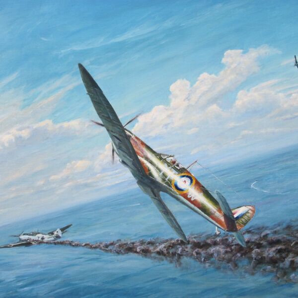 Painting of Paddy Finucane's Spitfire chasing a damaged Me 109 over the sea