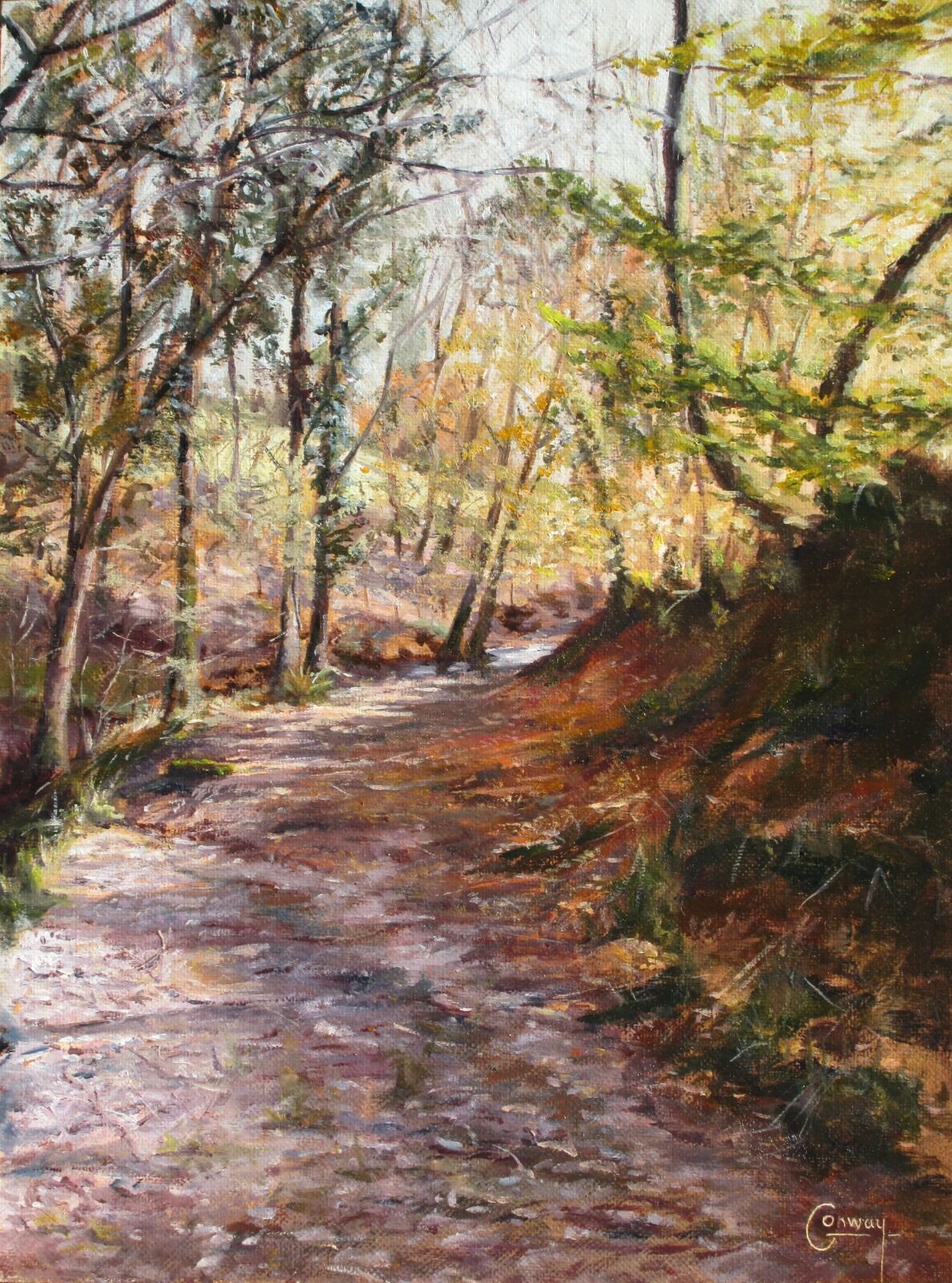Painting of track through woodlands leading to a ford through a stream ahead.