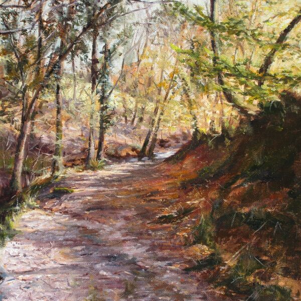 'Glimpse of the Ford Ahead' - Llansawel, Carmarthenshire. £125 (+p&p) Painting of stream glimpsed along an old track under trees.